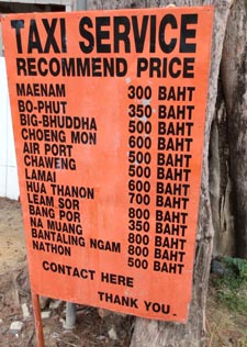 cartel con precios de los taxis en Ko Samui